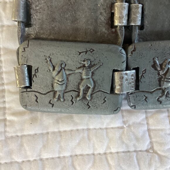 One of the kind! Vintage Pewter Boho Belt Raised Dancing Scene Links 34” main image 4
